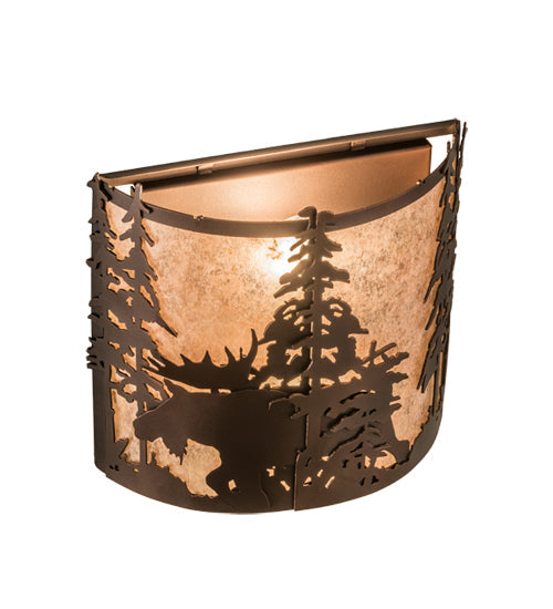 Meyda Lighting Moose at Dusk 12" 2-Light Mahogany Bronze Wall Sconce With Silver Mica Shade Glass