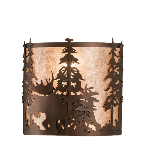 Meyda Lighting Moose at Dusk 12" 2-Light Mahogany Bronze Wall Sconce With Silver Mica Shade Glass