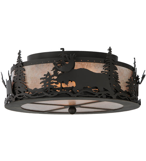 Meyda Lighting Moose at Dusk 17" 2-Light Oil Rubbed Bronze Flush Mount Light With Silver Mica Shade Glass
