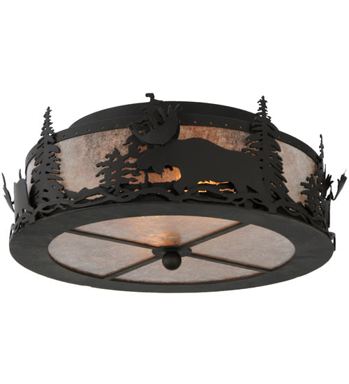 Meyda Lighting Moose at Dusk 17" 2-Light Oil Rubbed Bronze Flush Mount Light With Silver Mica Shade Glass