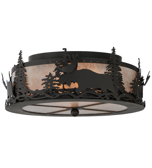 Meyda Lighting Moose at Dusk 17" 2-Light Oil Rubbed Bronze Flush Mount Light With Silver Mica Shade Glass