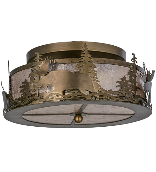 Meyda Lighting Moose at Dusk 18" 2-Light Antique Copper Flush Mount Light With Silver Mica Shade Glass