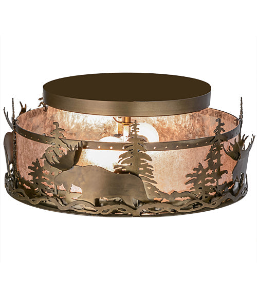 Meyda Lighting Moose at Dusk 18" 2-Light Antique Copper Flush Mount Light With Silver Mica Shade Glass