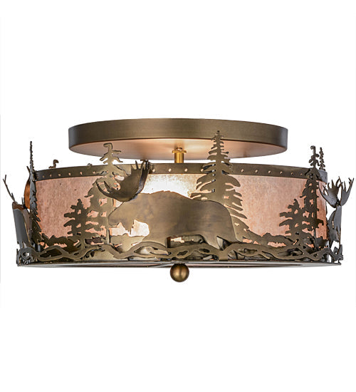 Meyda Lighting Moose at Dusk 18" 2-Light Antique Copper Flush Mount Light With Silver Mica Shade Glass