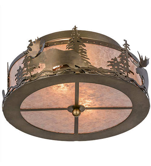 Meyda Lighting Moose at Dusk 18" 2-Light Antique Copper Flush Mount Light With Silver Mica Shade Glass