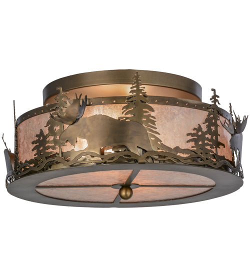 Meyda Lighting Moose at Dusk 18" 2-Light Antique Copper Flush Mount Light With Silver Mica Shade Glass