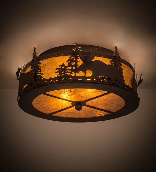 Meyda Lighting Moose at Dusk 18" 2-Light Mahogany Bronze Flush Mount Light With Amber Mica Shade Glass