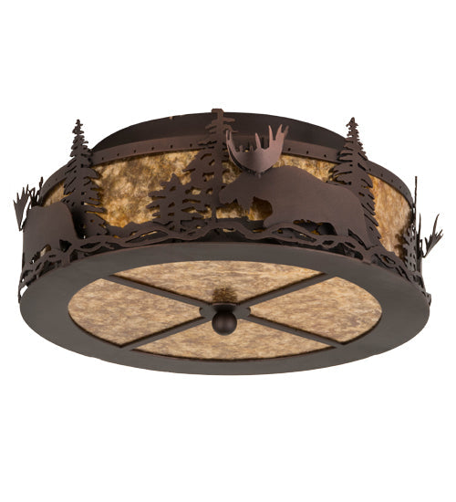 Meyda Lighting Moose at Dusk 18" 2-Light Mahogany Bronze Flush Mount Light With Amber Mica Shade Glass