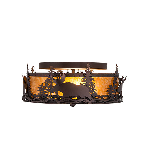 Meyda Lighting Moose at Dusk 18" 2-Light Mahogany Bronze Flush Mount Light With Amber Mica Shade Glass