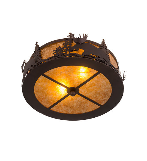 Meyda Lighting Moose at Dusk 18" 2-Light Mahogany Bronze Flush Mount Light With Amber Mica Shade Glass