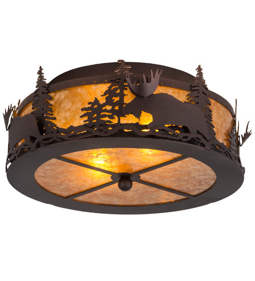 Meyda Lighting Moose at Dusk 18" 2-Light Mahogany Bronze Flush Mount Light With Amber Mica Shade Glass
