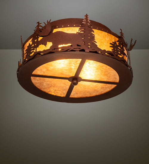 Meyda Lighting Moose at Dusk 18" 2-Light Rust Flush Mount Light With Amber Mica Shade Glass