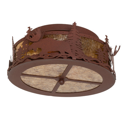 Meyda Lighting Moose at Dusk 18" 2-Light Rust Flush Mount Light With Amber Mica Shade Glass