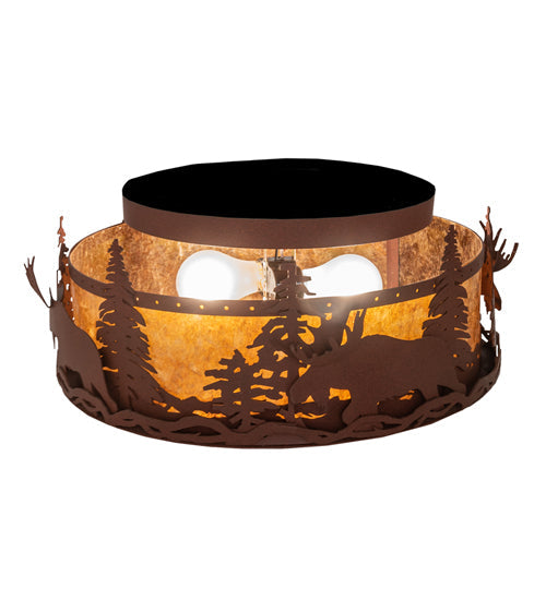 Meyda Lighting Moose at Dusk 18" 2-Light Rust Flush Mount Light With Amber Mica Shade Glass