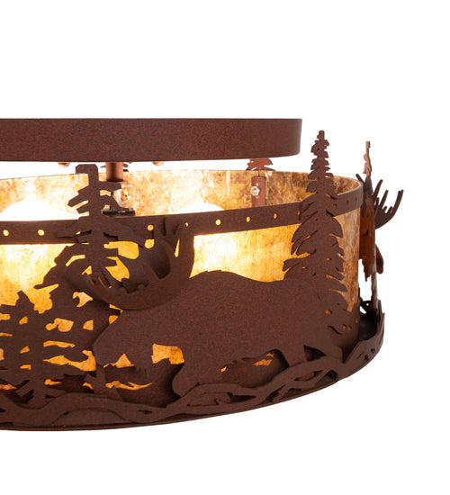 Meyda Lighting Moose at Dusk 18" 2-Light Rust Flush Mount Light With Amber Mica Shade Glass