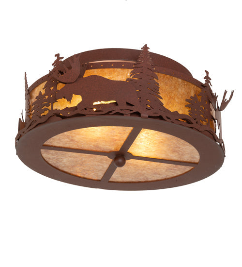 Meyda Lighting Moose at Dusk 18" 2-Light Rust Flush Mount Light With Amber Mica Shade Glass