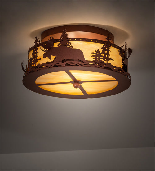 Meyda Lighting Moose at Dusk 18" 2-Light Rust Flush Mount Light With Beige Art Shade Glass