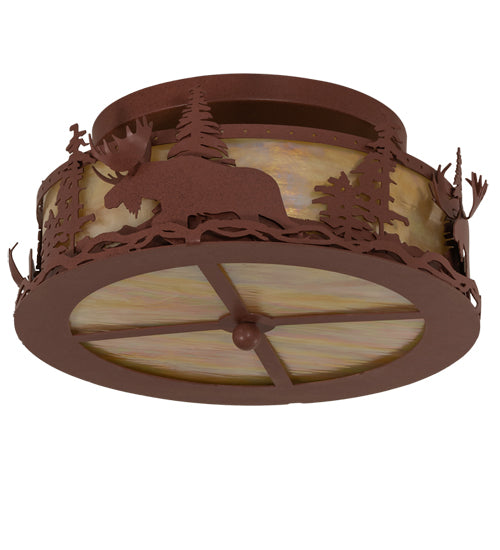 Meyda Lighting Moose at Dusk 18" 2-Light Rust Flush Mount Light With Beige Art Shade Glass