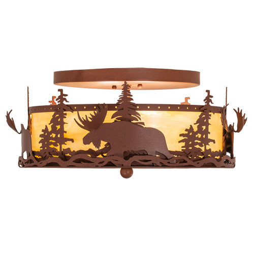 Meyda Lighting Moose at Dusk 18" 2-Light Rust Flush Mount Light With Beige Art Shade Glass