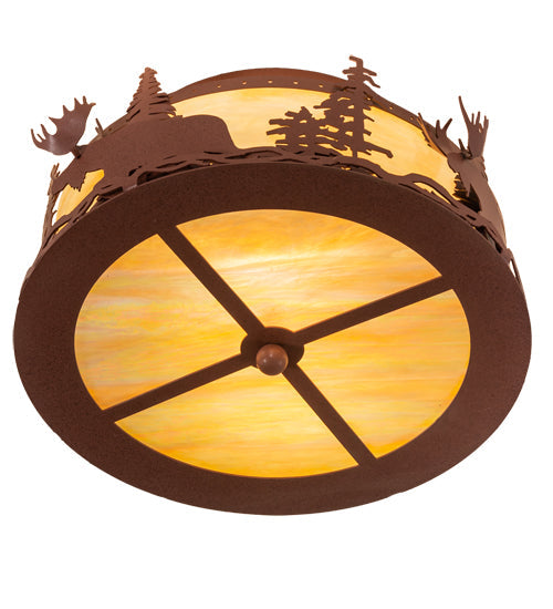 Meyda Lighting Moose at Dusk 18" 2-Light Rust Flush Mount Light With Beige Art Shade Glass
