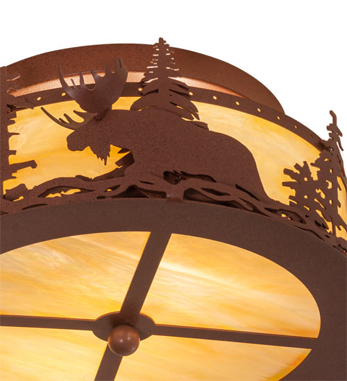 Meyda Lighting Moose at Dusk 18" 2-Light Rust Flush Mount Light With Beige Art Shade Glass