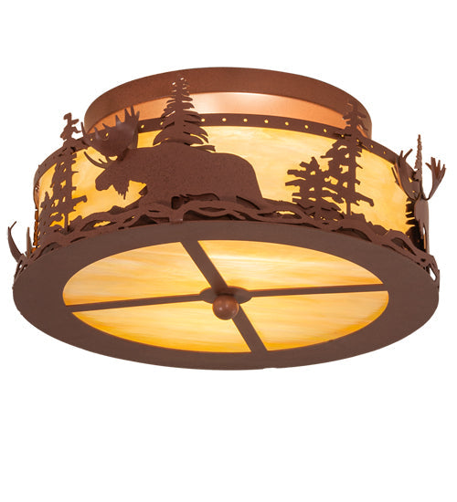 Meyda Lighting Moose at Dusk 18" 2-Light Rust Flush Mount Light With Beige Art Shade Glass