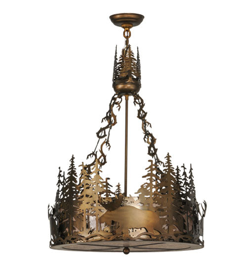 Meyda Lighting Moose at Dusk 22" 4-Light Antique Copper Inverted Pendant Light With Silver Mica Shade Glass