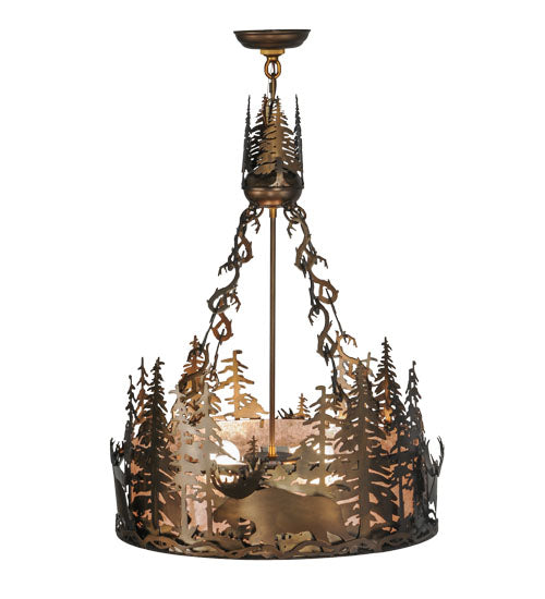 Meyda Lighting Moose at Dusk 22" 4-Light Antique Copper Inverted Pendant Light With Silver Mica Shade Glass