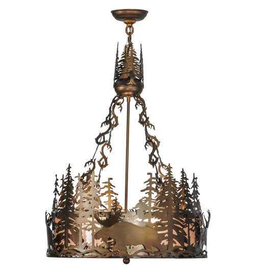 Meyda Lighting Moose at Dusk 22" 4-Light Antique Copper Inverted Pendant Light With Silver Mica Shade Glass