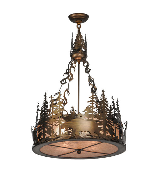 Meyda Lighting Moose at Dusk 22" 4-Light Antique Copper Inverted Pendant Light With Silver Mica Shade Glass