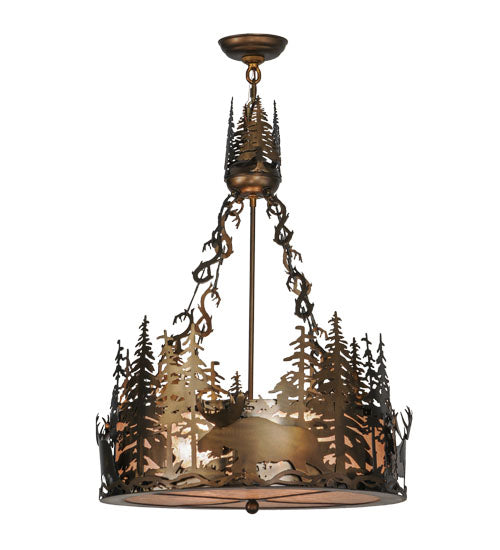 Meyda Lighting Moose at Dusk 22" 4-Light Antique Copper Inverted Pendant Light With Silver Mica Shade Glass