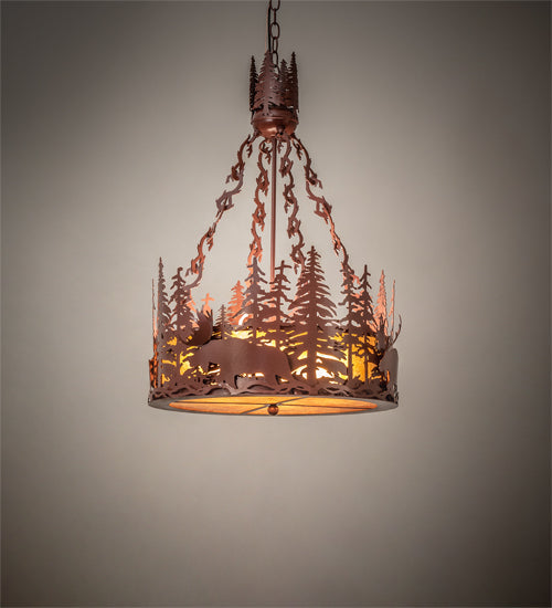 Meyda Lighting Moose at Dusk 22" 4-Light Rust Inverted Pendant Light With Amber Mica Shade Glass