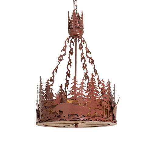 Meyda Lighting Moose at Dusk 22" 4-Light Rust Inverted Pendant Light With Amber Mica Shade Glass