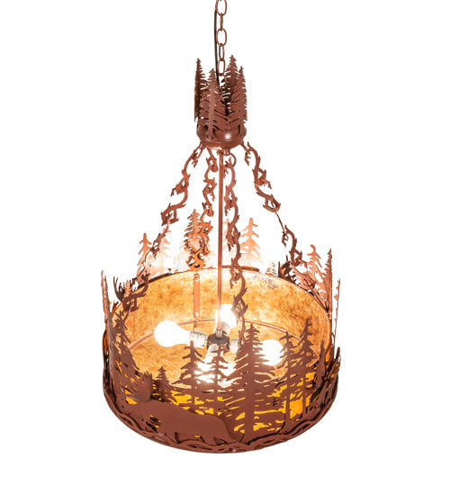 Meyda Lighting Moose at Dusk 22" 4-Light Rust Inverted Pendant Light With Amber Mica Shade Glass