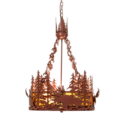 Meyda Lighting Moose at Dusk 22" 4-Light Rust Inverted Pendant Light With Amber Mica Shade Glass