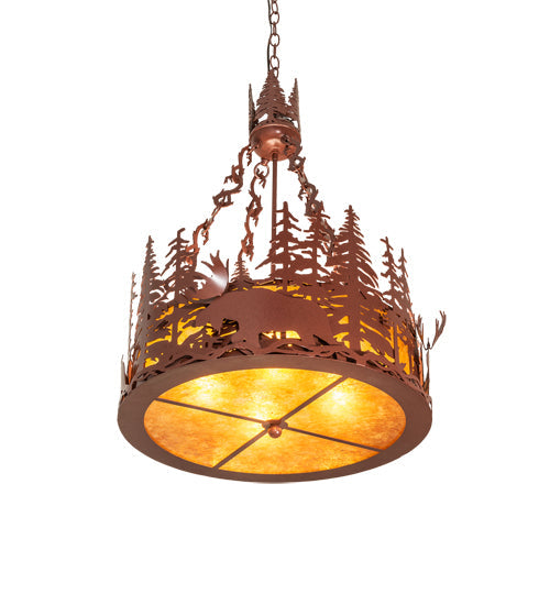 Meyda Lighting Moose at Dusk 22" 4-Light Rust Inverted Pendant Light With Amber Mica Shade Glass