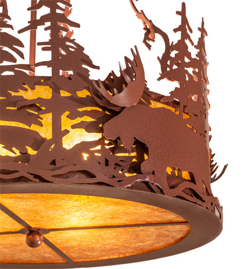 Meyda Lighting Moose at Dusk 22" 4-Light Rust Inverted Pendant Light With Amber Mica Shade Glass