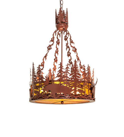 Meyda Lighting Moose at Dusk 22" 4-Light Rust Inverted Pendant Light With Amber Mica Shade Glass
