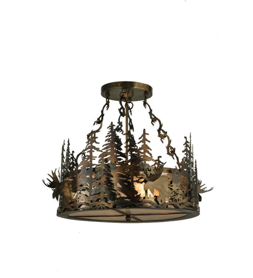 Meyda Lighting Moose at Dusk 23" 4-Light Light Burnished Antique Copper Inverted Pendant Light With Silver Mica Shade Glass