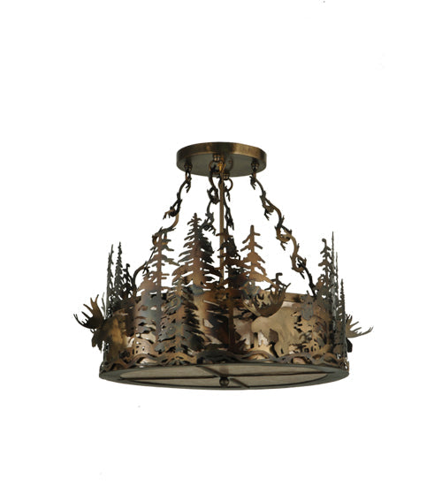 Meyda Lighting Moose at Dusk 23" 4-Light Light Burnished Antique Copper Inverted Pendant Light With Silver Mica Shade Glass
