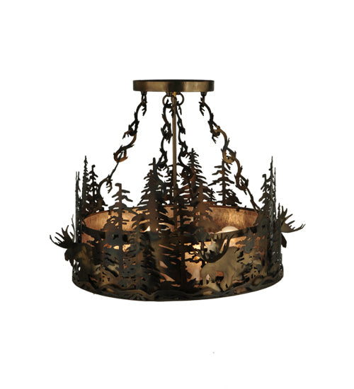 Meyda Lighting Moose at Dusk 23" 4-Light Light Burnished Antique Copper Inverted Pendant Light With Silver Mica Shade Glass