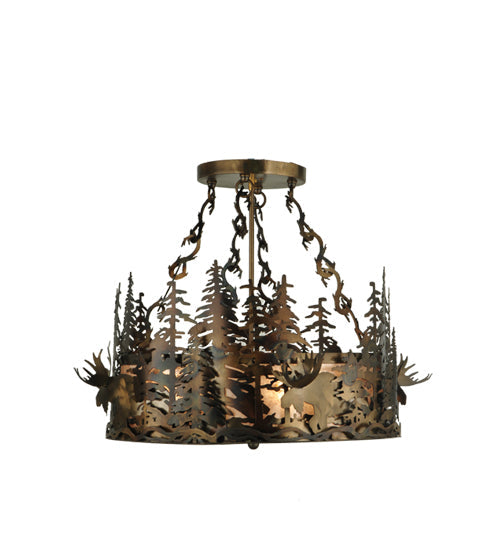 Meyda Lighting Moose at Dusk 23" 4-Light Light Burnished Antique Copper Inverted Pendant Light With Silver Mica Shade Glass