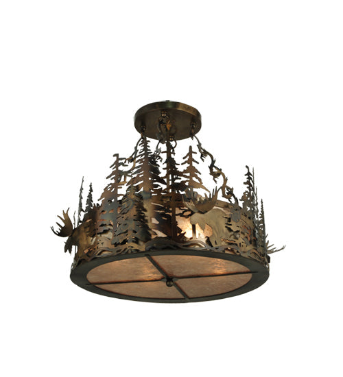 Meyda Lighting Moose at Dusk 23" 4-Light Light Burnished Antique Copper Inverted Pendant Light With Silver Mica Shade Glass