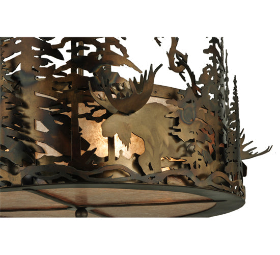 Meyda Lighting Moose at Dusk 23" 4-Light Light Burnished Antique Copper Inverted Pendant Light With Silver Mica Shade Glass