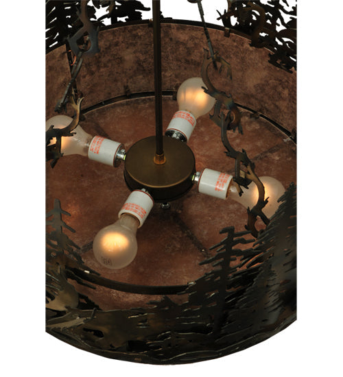 Meyda Lighting Moose at Dusk 23" 4-Light Light Burnished Antique Copper Inverted Pendant Light With Silver Mica Shade Glass