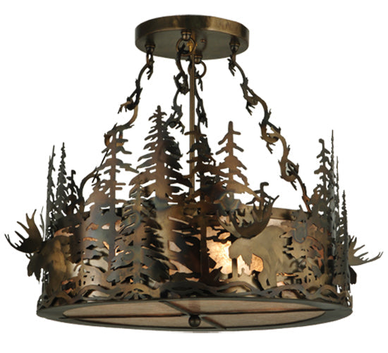 Meyda Lighting Moose at Dusk 23" 4-Light Light Burnished Antique Copper Inverted Pendant Light With Silver Mica Shade Glass