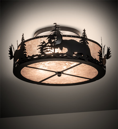 Meyda Lighting Moose at Dusk 24" 2-Light Textured Black Flush Mount Light With Silver Mica Shade Glass