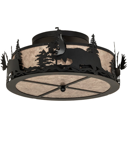 Meyda Lighting Moose at Dusk 24" 2-Light Textured Black Flush Mount Light With Silver Mica Shade Glass