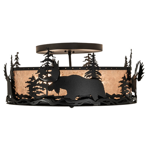 Meyda Lighting Moose at Dusk 24" 2-Light Textured Black Flush Mount Light With Silver Mica Shade Glass