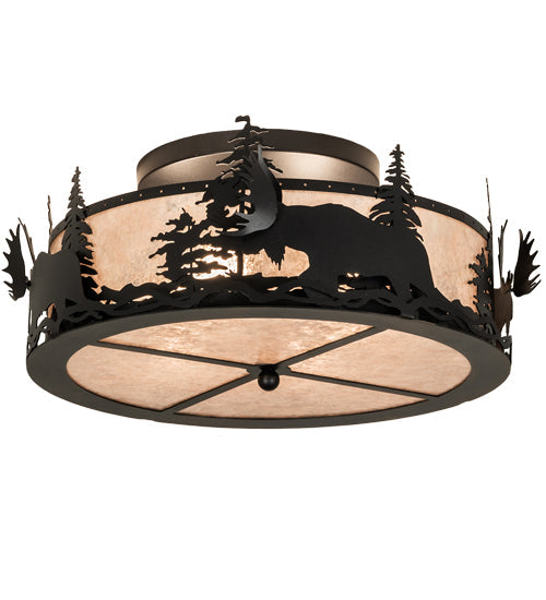 Meyda Lighting Moose at Dusk 24" 2-Light Textured Black Flush Mount Light With Silver Mica Shade Glass